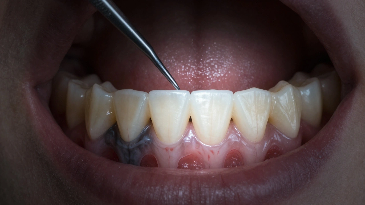 Průhledná dásňová tkáň ukazuje obnovu kosti po kyretáži, nástroj nad regenerující oblastí.