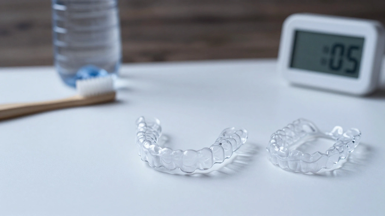 Průhledná rovnátka na bílé ploše s toothbrushem, vodou a retencí.