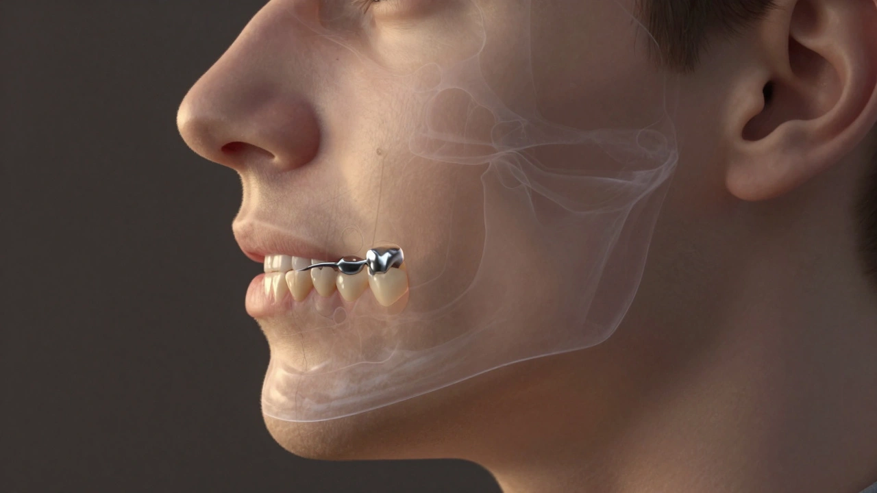 Průhledný pohled na čelist s kovovou protézou podporovanou přirozenými zuby.