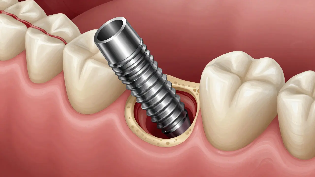 Průřez čelistí s titanovým implantátem zasazeným do kosti během operace.