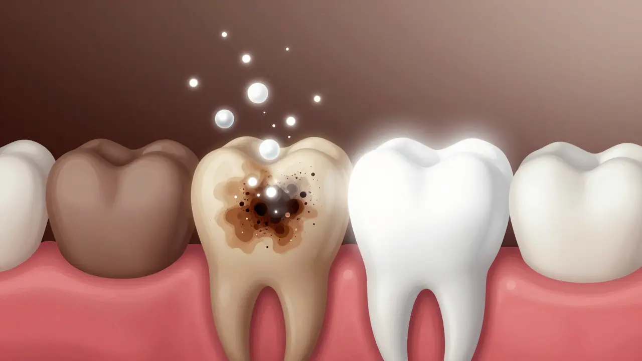 Průřez zubem s chemickým procesem bělení a rozkladem pigmentů.