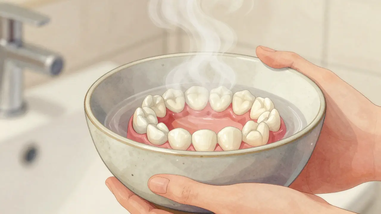 Ruce drží sklenici teplé slané vody pro pláchnutí úst při zánětu dásní.