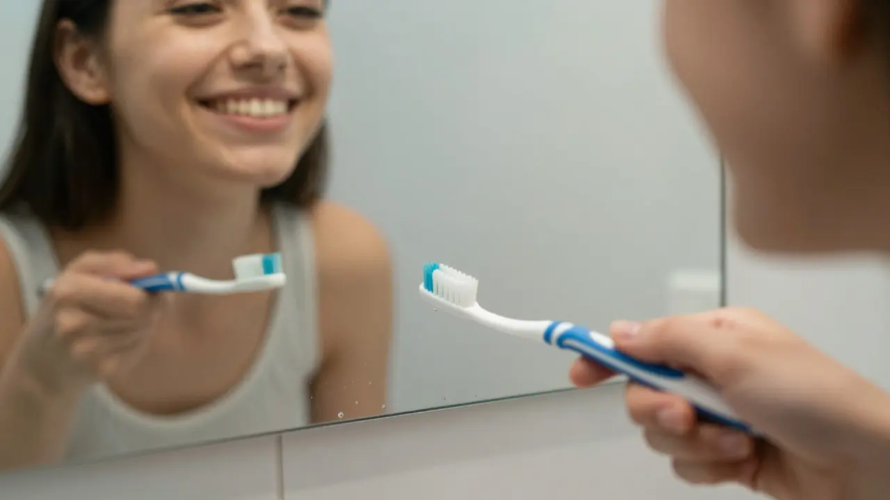 Ruka s kartáčkem a zrcadlo odrazuje upřímný, dokonalě neperfektní úsměv.