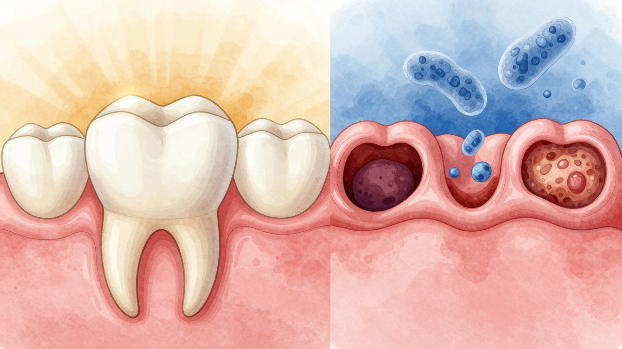 Srovnání zdravých a nemocných dásní: těsné přilnutí vs. hluboké kapsle s plakem.