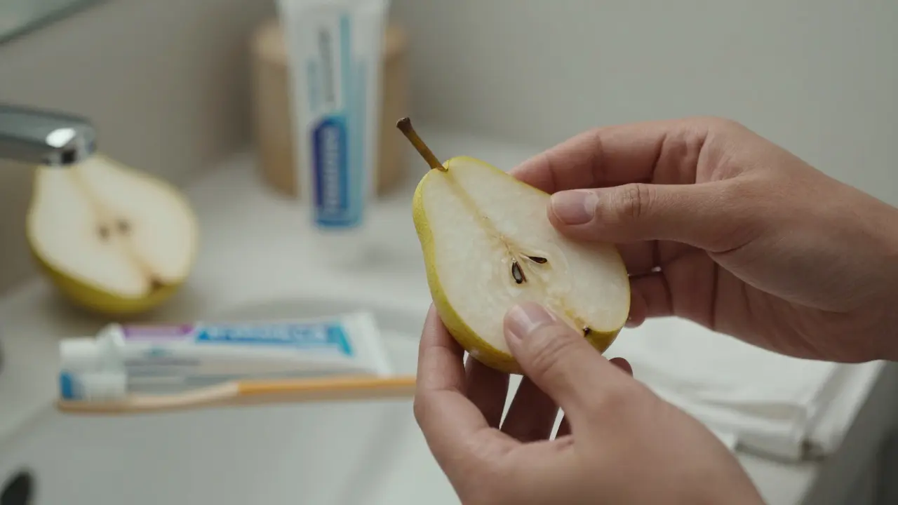 Tenký plátek hrušky a retainer na stole vedle zubního kartáčku