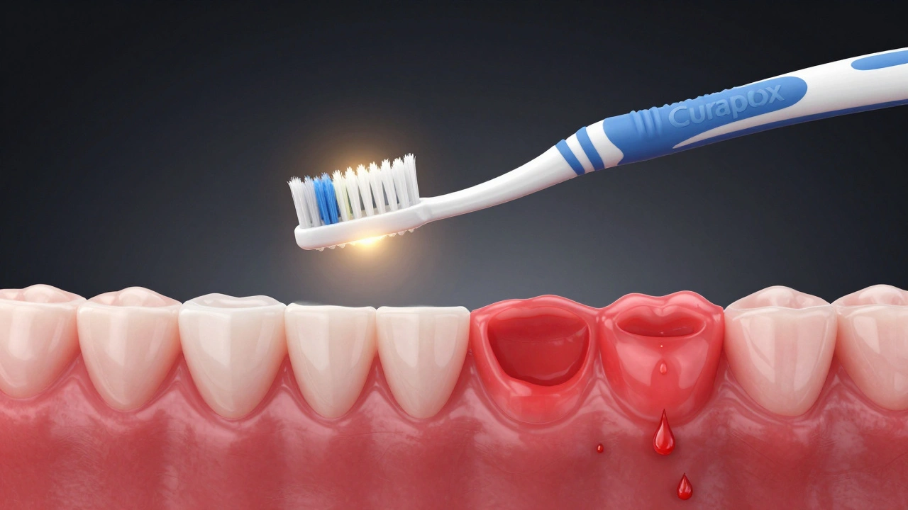 Zdravé dásně na jedné straně, zánětlivé na druhé – kartáček Curaprox mezi nimi jako ochránce.