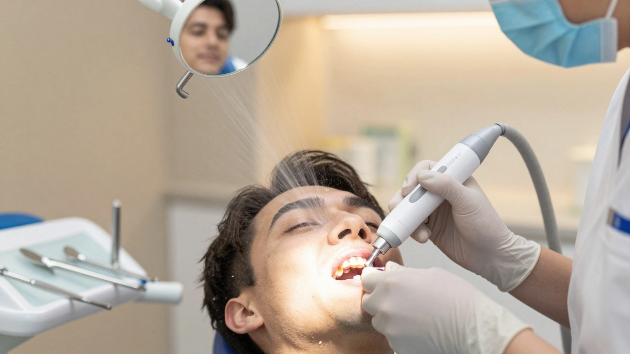 Zubní hygienička odstraňuje kámen ultrazvukovým skraberem v klinice.