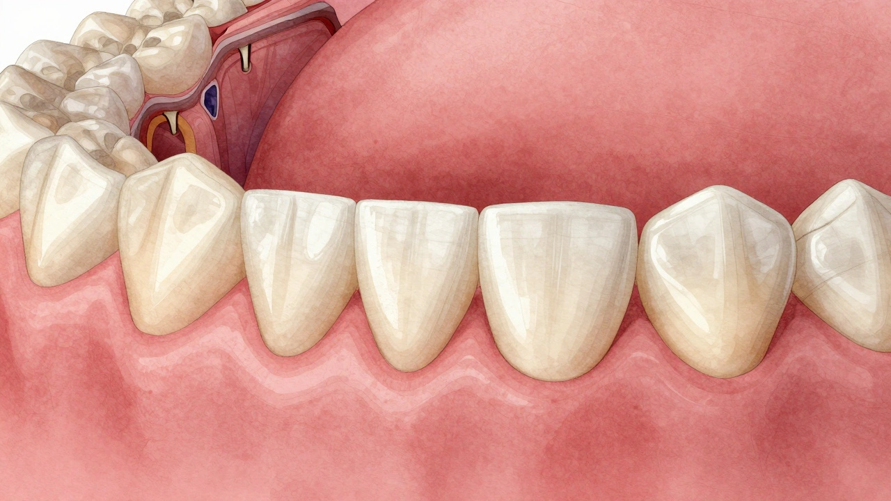 Zubní most přes tři chybějící zuby, podporovaný obrušenými sousedními zuby.