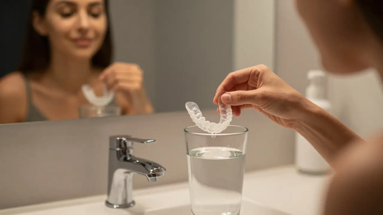 Zubní protéza ponořená ve vodě na koupelnové stolce, zrcadlo odrazuje úsměv bez ní.