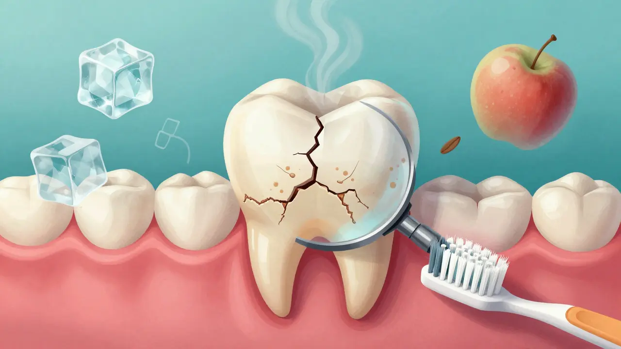 Zvětšený pohled na prasklinu v předním zubu s ukázkou citlivosti na teploty a mechanické podněty.