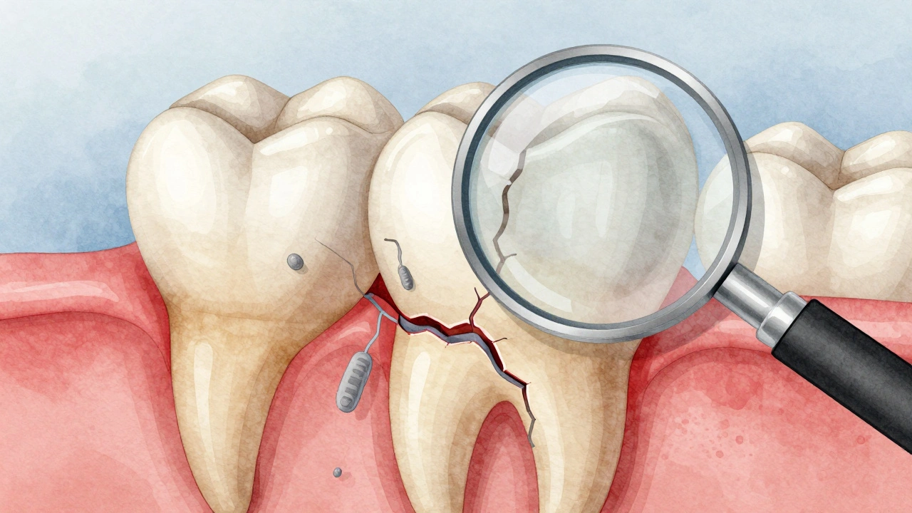 Zvětšený pohled na trhlinu v předním zubu s bakteriemi pronikajícími do dentinu.