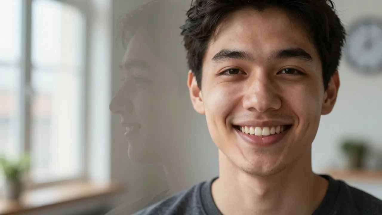 A person smiling with a dental implant, while a faded image of their past self with sunken face recedes behind.