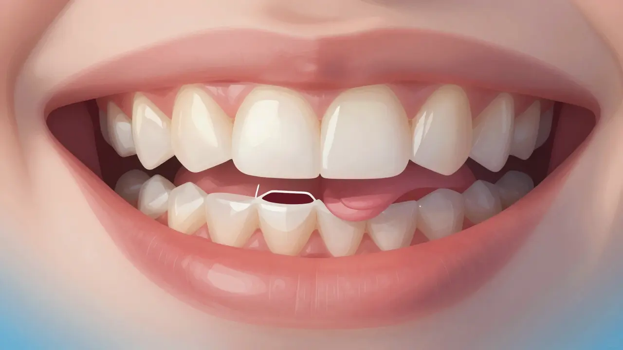 Detail zubu s fasetkou a tenkou vrstvou odstraněného emailu pod ní.