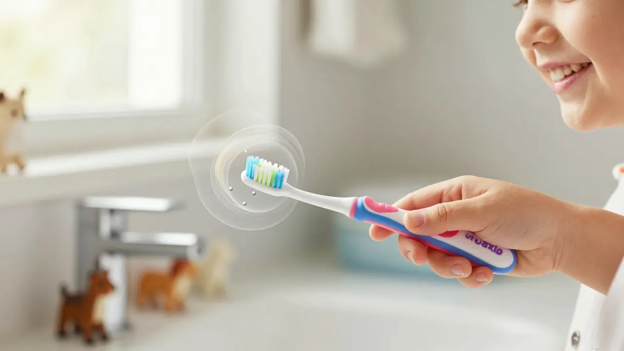 Dítě s barevným Curaprox kartáčkem klidně čistí zuby s úsměvem.