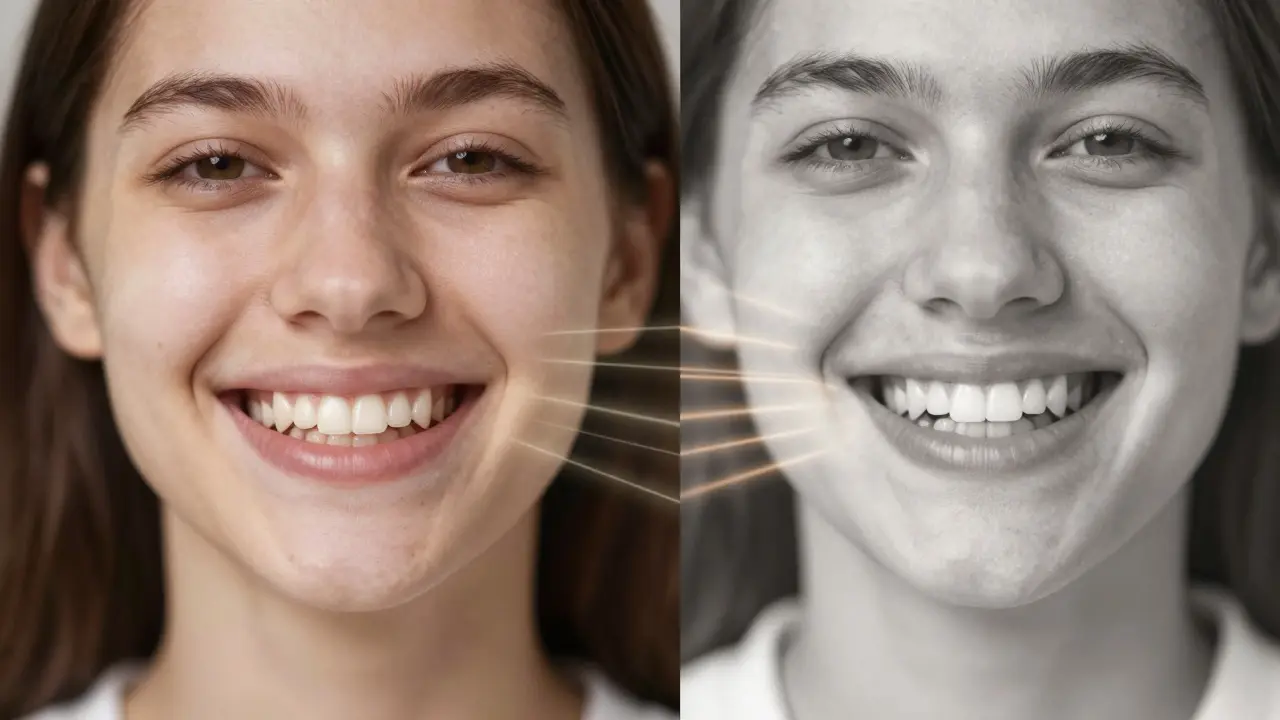 Dvě fotografie obličeje: jedna s rovnými zuby, druhá s křivými, způsobenými moudrakem.