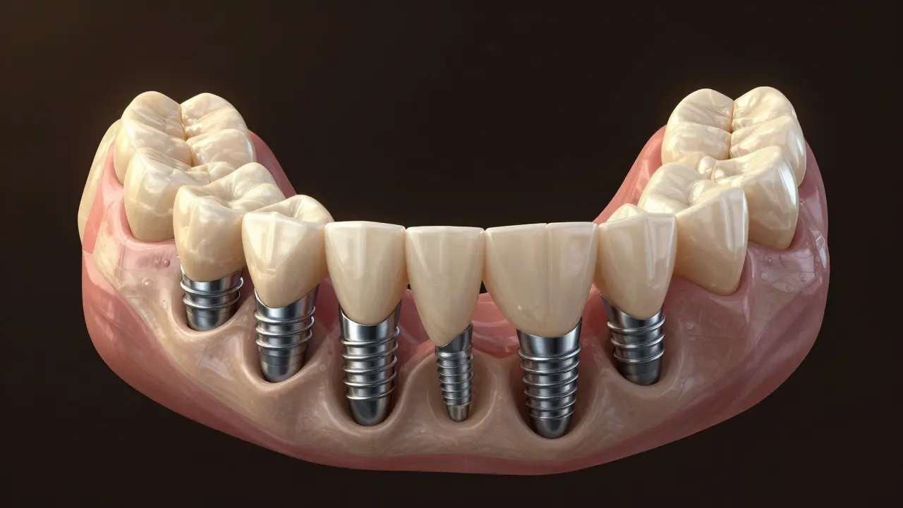 Hybridní zubní náhrada upevněná na implantátech v čelisti, proti klasické vyjmoutelné protéze.
