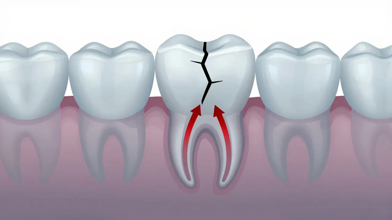 Konceptuální znázornění vertikální praskliny v zubu s vnikáním bakterií.