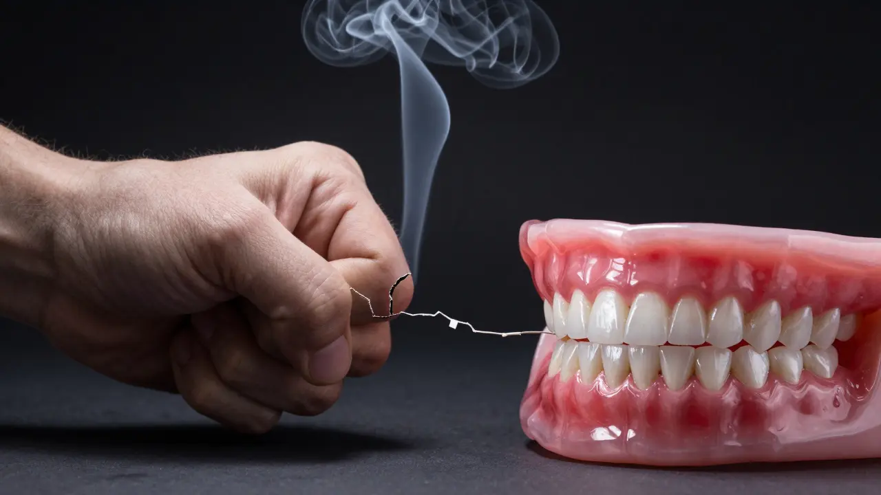 Kontrast mezi poškozenými a zdravými zubními fazetami pod vlivem špatných návyků.