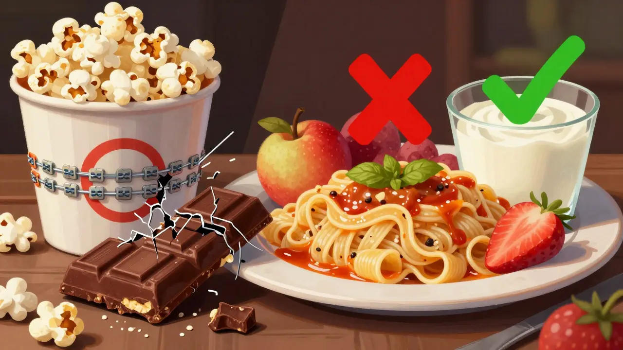 Kontrastní scéna: nebezpečná jídla poškozují rovnátka proti bezpečným potravinám.