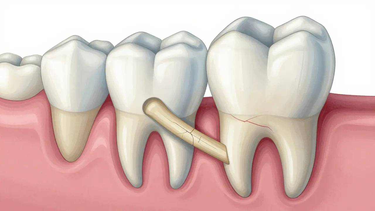 Křížový řez čelisti s impaktovaným moudrakem tlačícím na sousední zub.