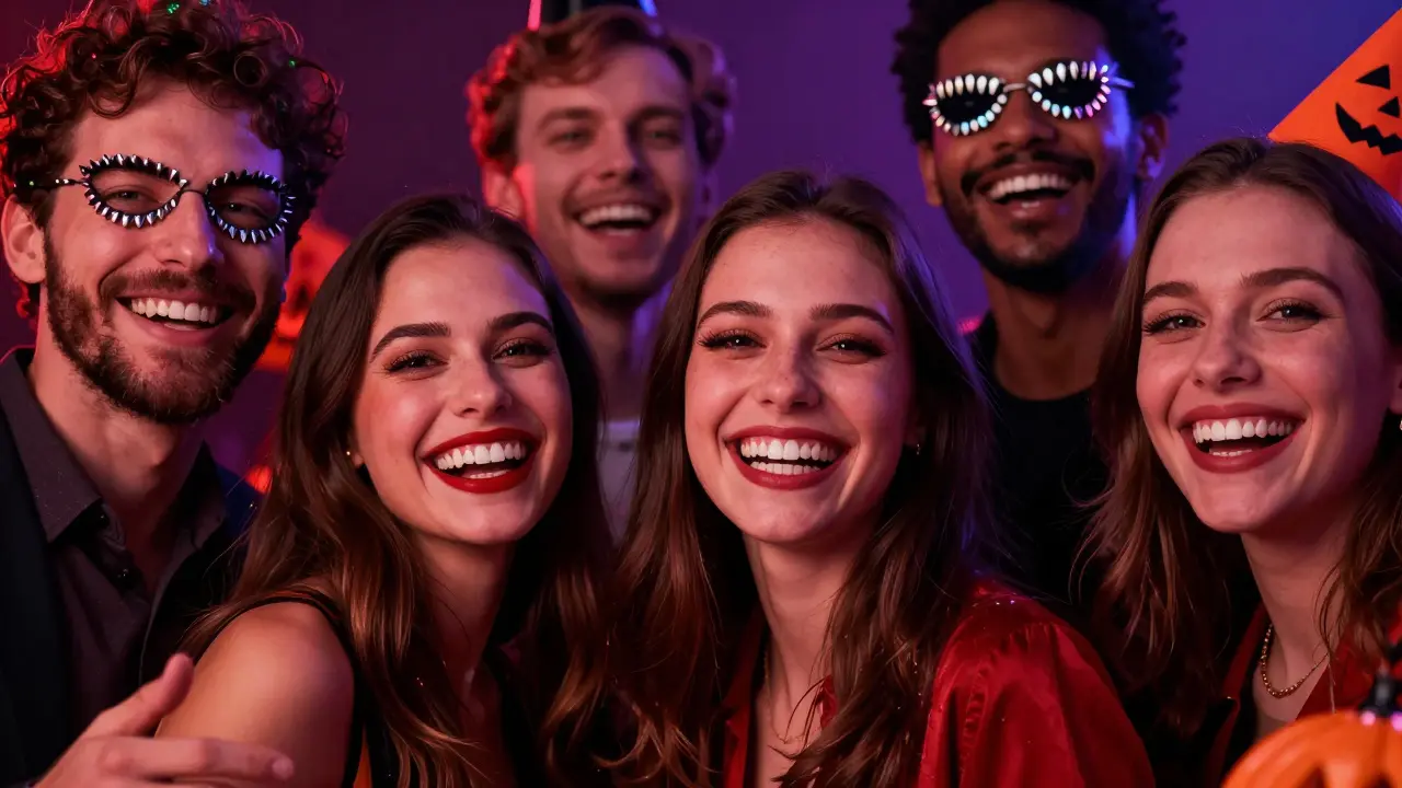 Lidé na halloweenské večírce s vampírskými nalepovacími zuby a smíchem.