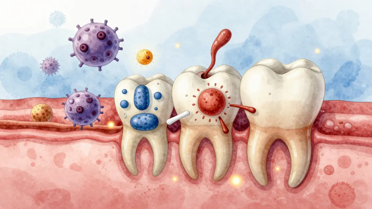 Mikroskopický pohled na zubní kámen a bakterie pod dásní, které jsou odstraněny během léčby paradentózy.