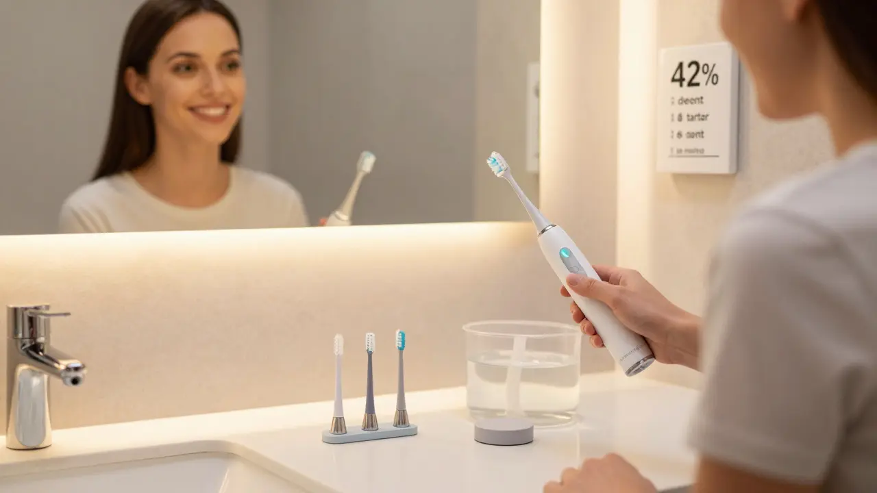 Osoba používá ultrazvukový čistič zubů doma s vodní nádržkou a výměnnými hroty, v zrcadle viditelný zdravý úsměv.