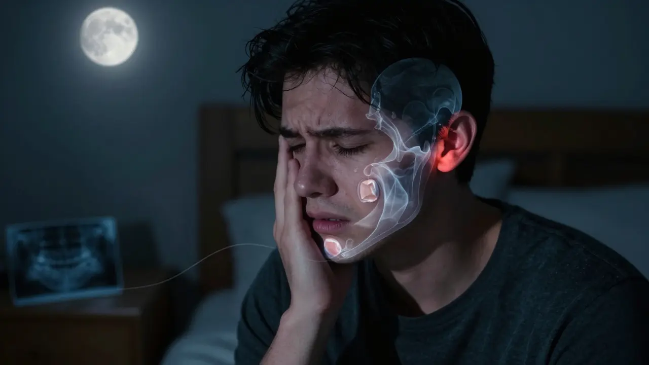 Osoba trpící bolestí, která se šíří z zubu do ucha a čela.