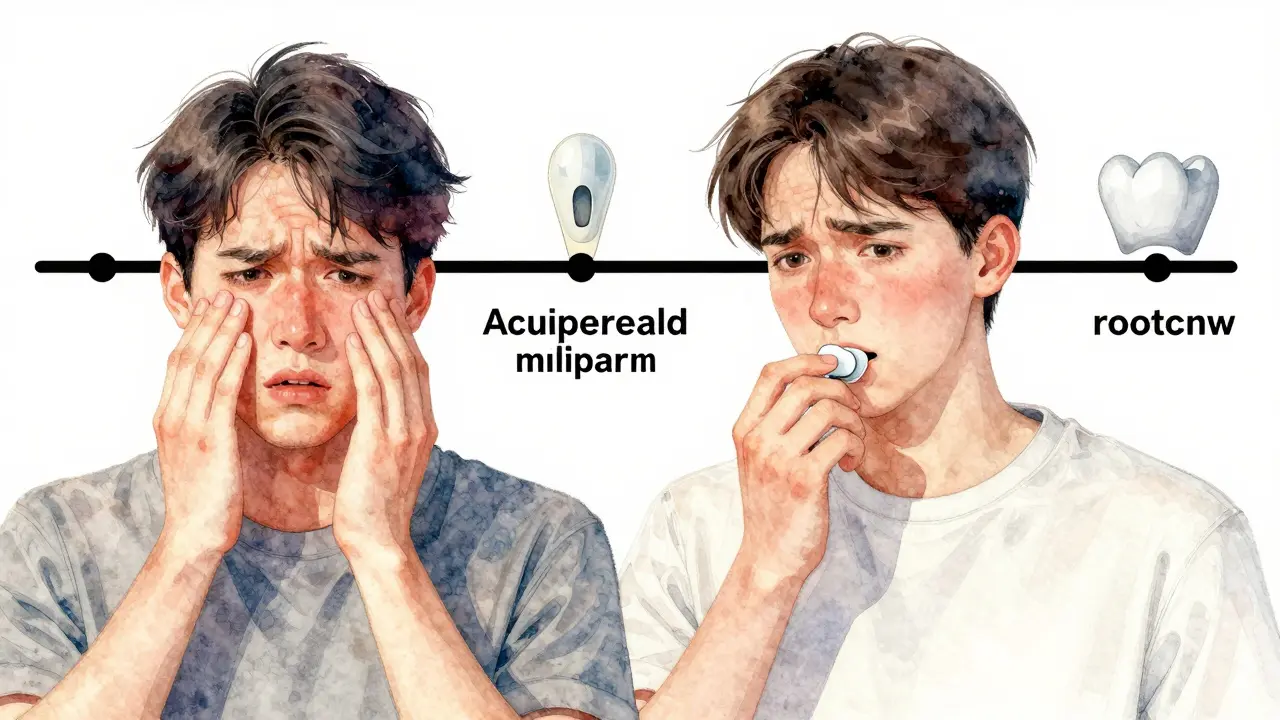 Pacient drží spadlou dočasnou plombu, zamyšleně se dívá na časovou osu léčby.