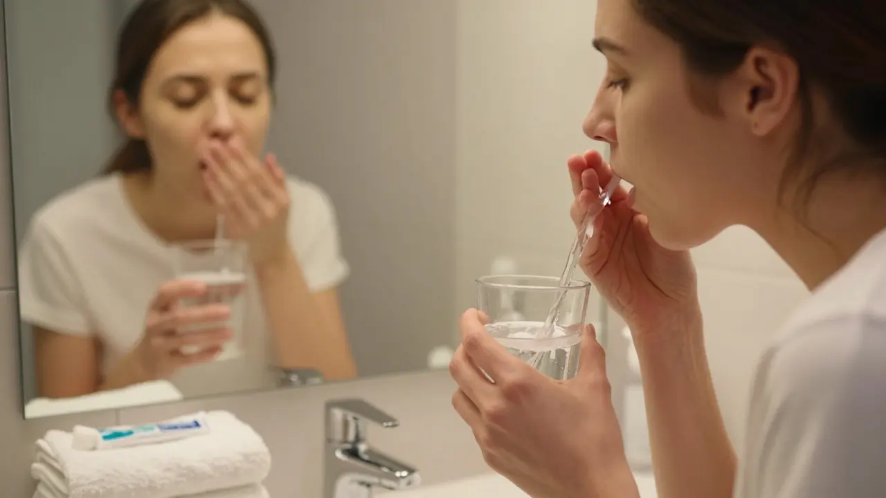 Pacient pláchnout ústa solným roztokem před zrcadlem.