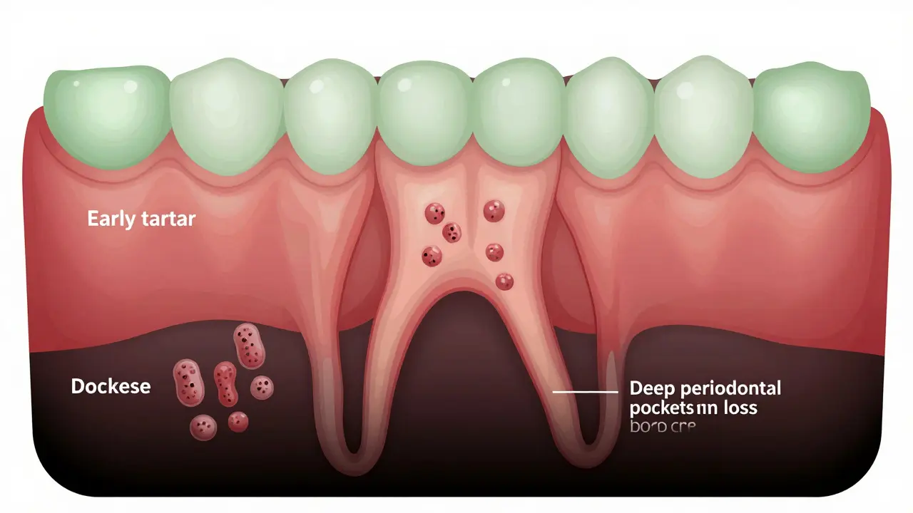 Postupné poškozování kosti kolem zubu způsobené zubním kamenem
