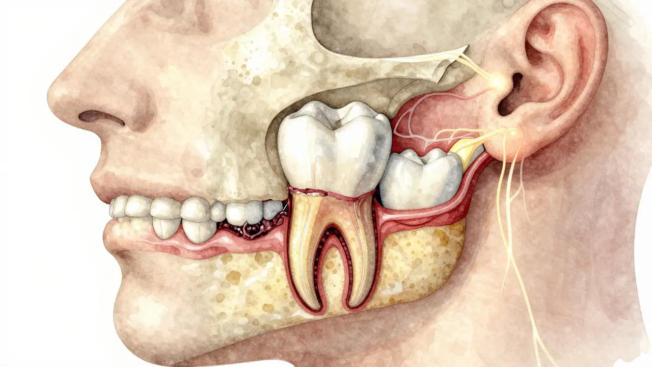 Příčný řez čelistí s poškozenou kostí a infikovaným periodontálním vazivem.
