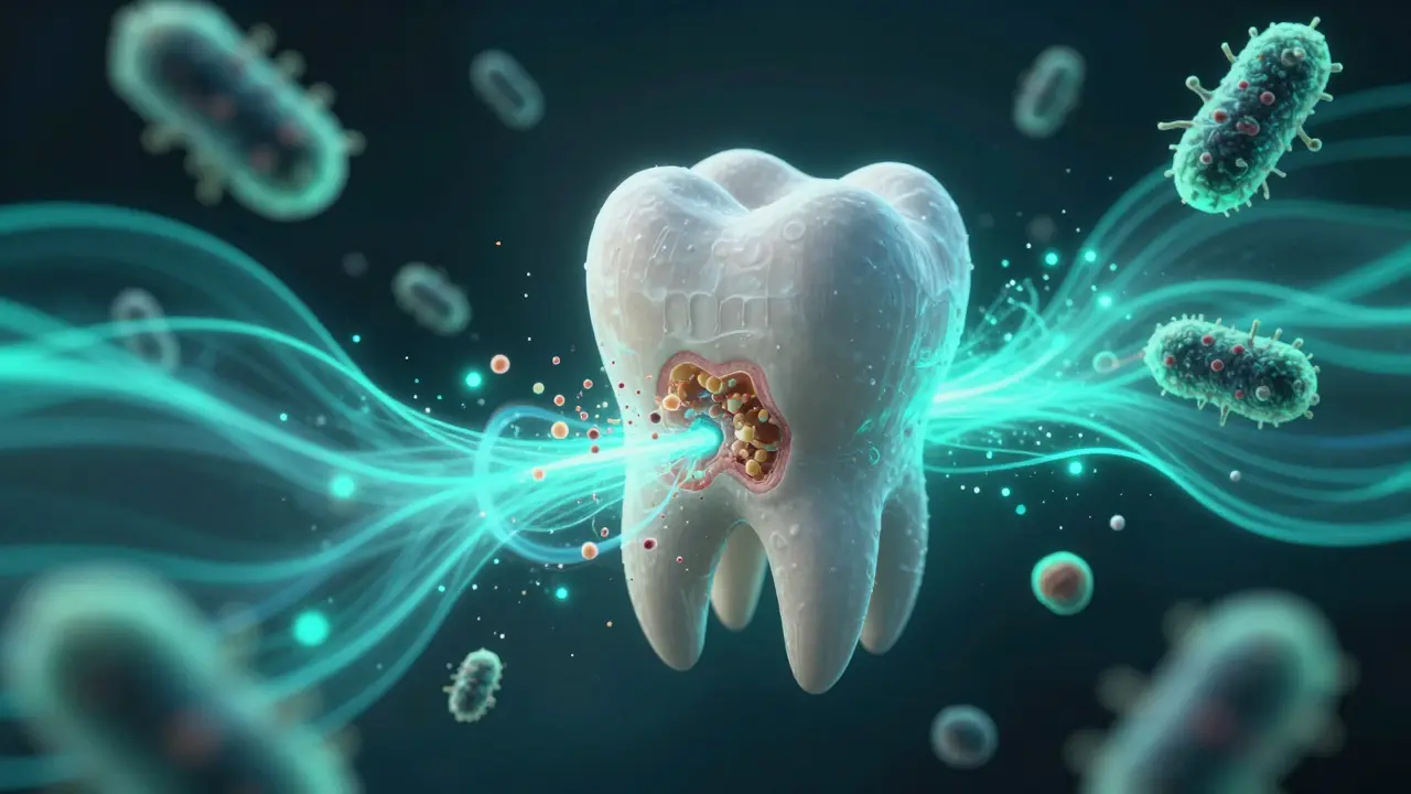 Příčný řez zubu s rozpadajícím se zubním kamenem pod vlivem ultrazvukových vln a neutrálních bakterií.