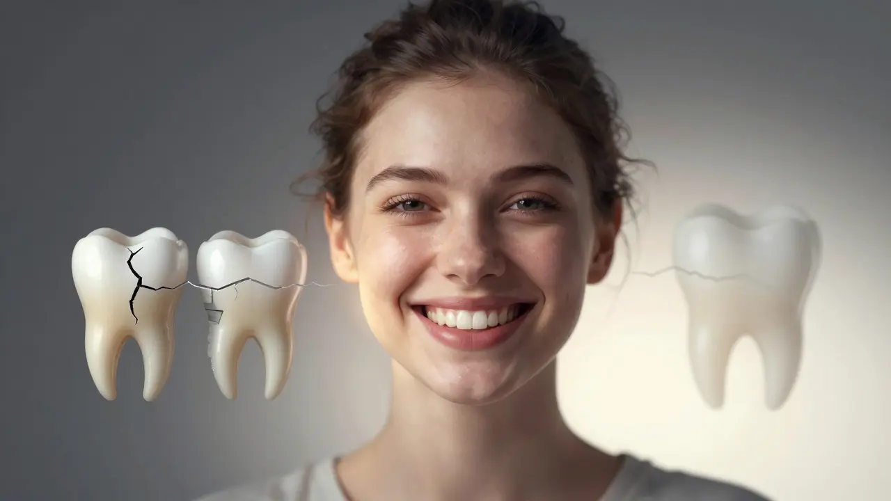 Přirozený úsměv s přehledem možných řešení zlomeného zubu: výplň, most, implantát.