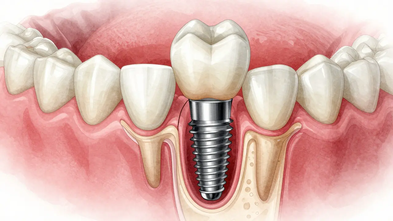 Průřez čelisti s implantátem integrovaným do kosti a korunkou, bez poškození sousedních zubů.