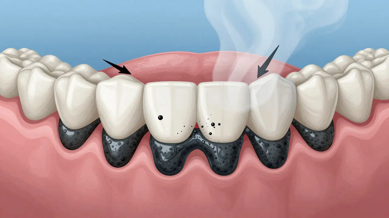 Průřez ústní dutiny ukazující vznik černého zubního kamene z plaku a minerálů ze slin.