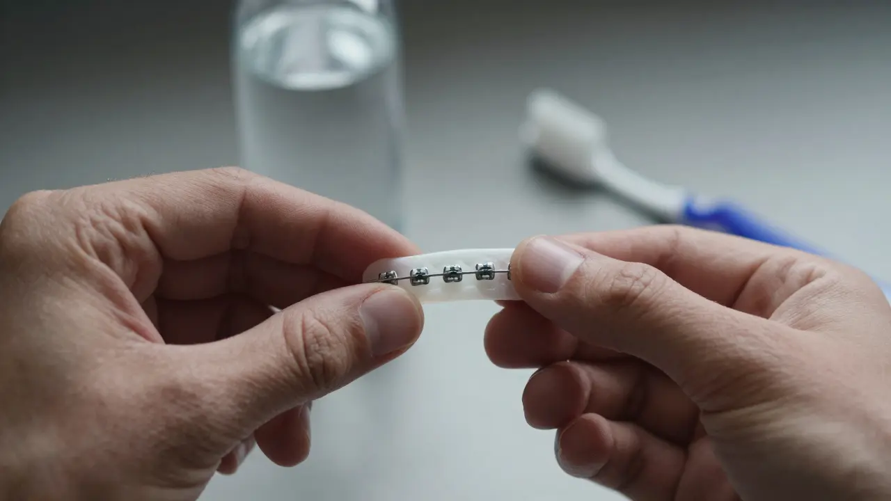 Ruka přikrývá poškozený závěs ortodontickým voskem při fixních rovnátkách.