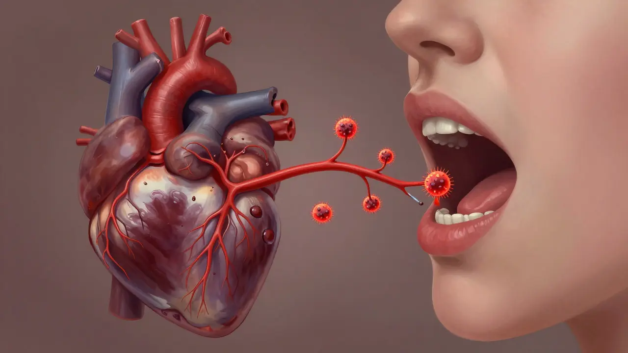 Spojení úst a srdce skrze krevní řeči s bakteriemi, které způsobují zánět tepen a srdeční onemocnění.