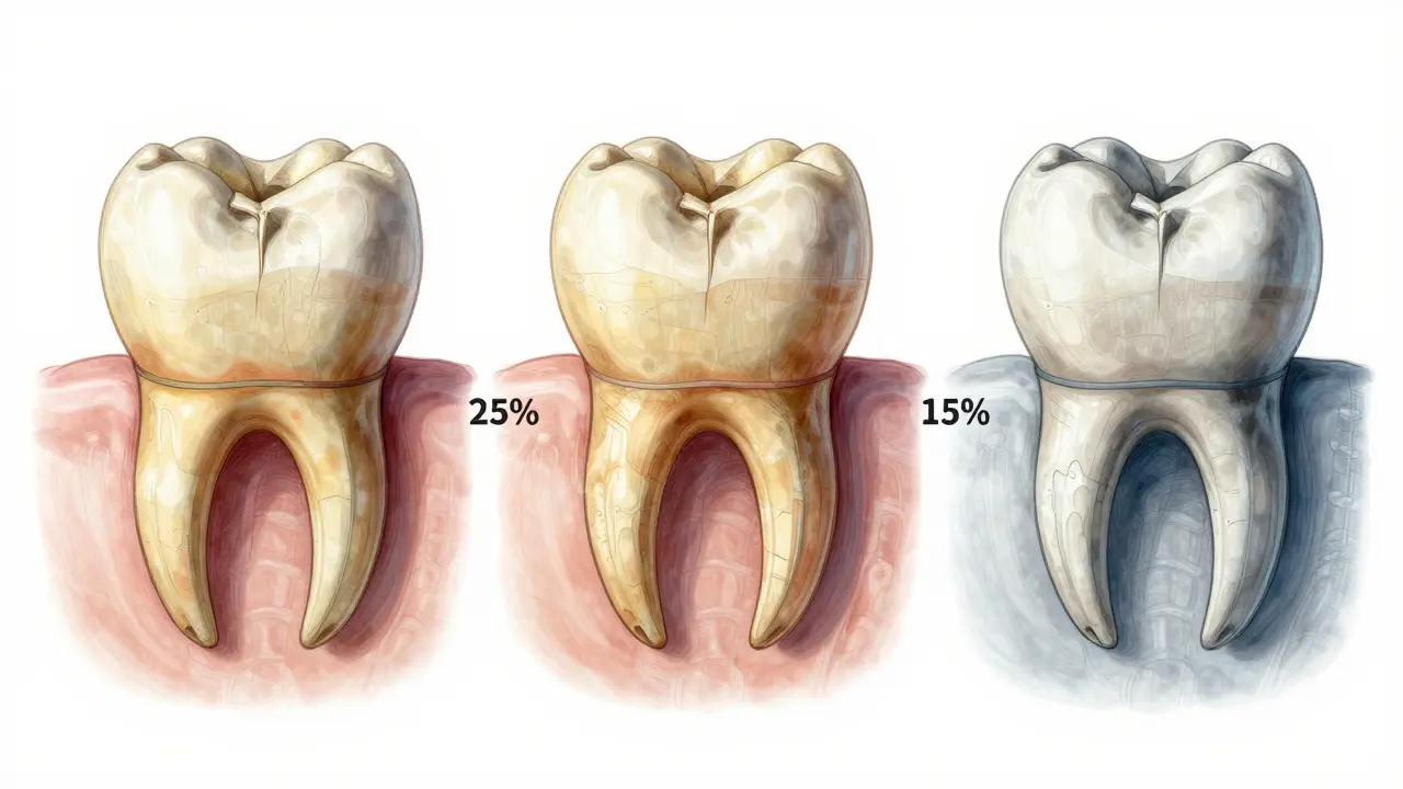 Three-panel illustration of jawbone deterioration over time after tooth loss, with fading bone structure.