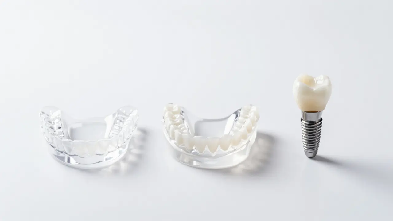 Tři neinvazivní řešení chybějícího zubu: retéř, vložka a implantát na bílém pozadí.