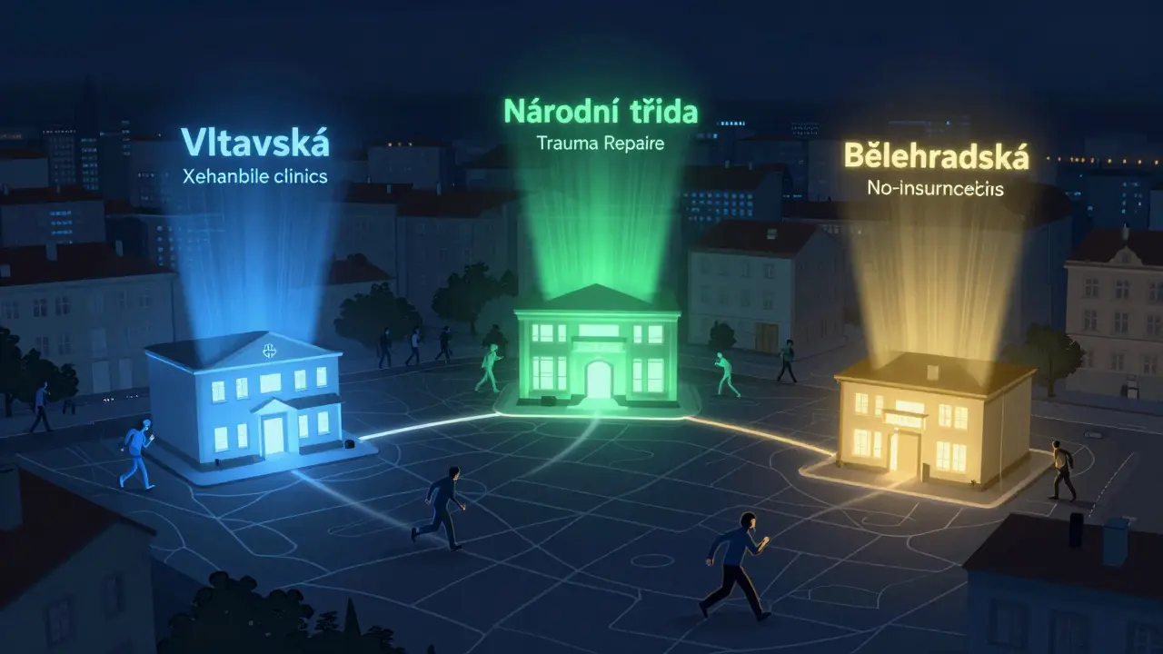 Tři zubní kliniky v Praze jako světelné signály na mapě města, označující nouzové služby.