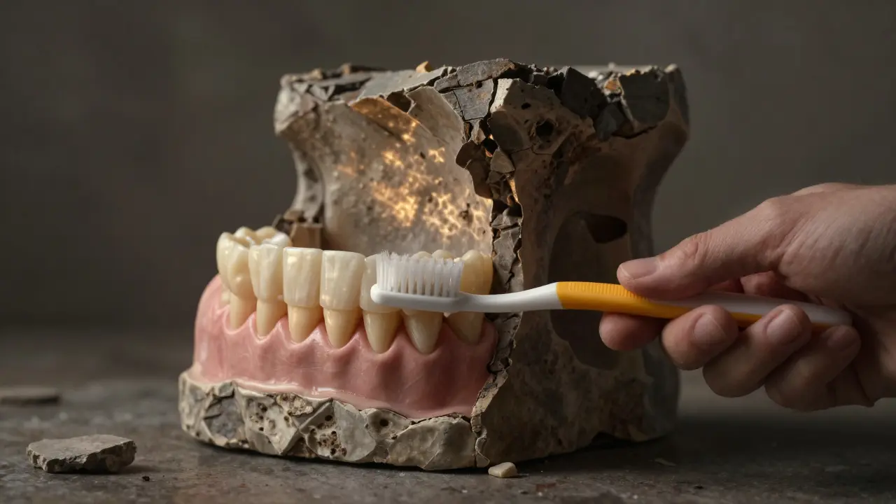 Zdravý zub s kostní podporou vs. destruovaná kost - symbolický kontrast mezi prevencí a zanedbáním.