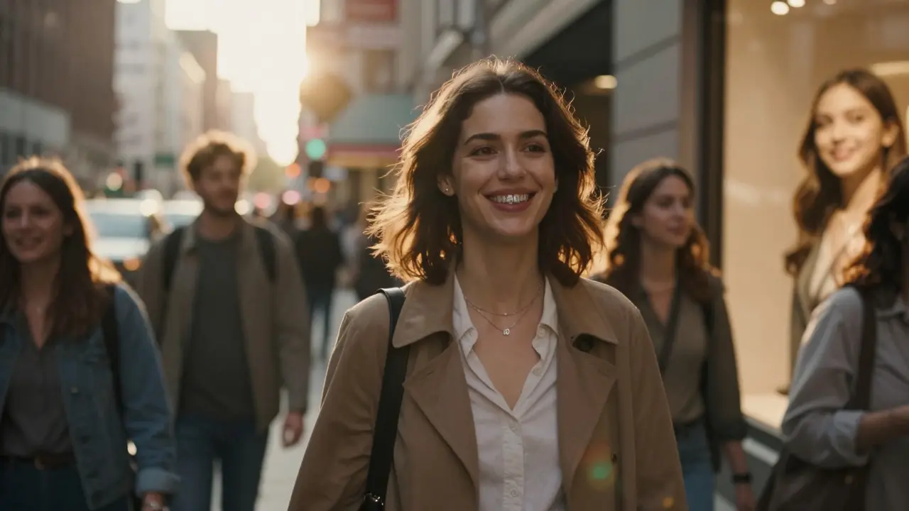 Žena v městě s jasným úsměvem, jehož fazety odleskují zlatý světlo.