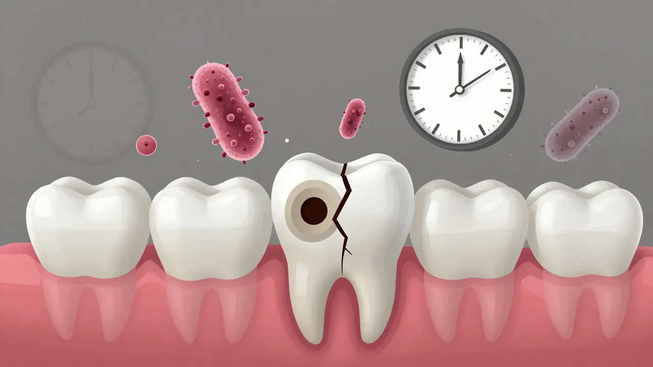 Zub s poškozenou dočasnou plombou a bakterie, symbolizující riziko infekce.