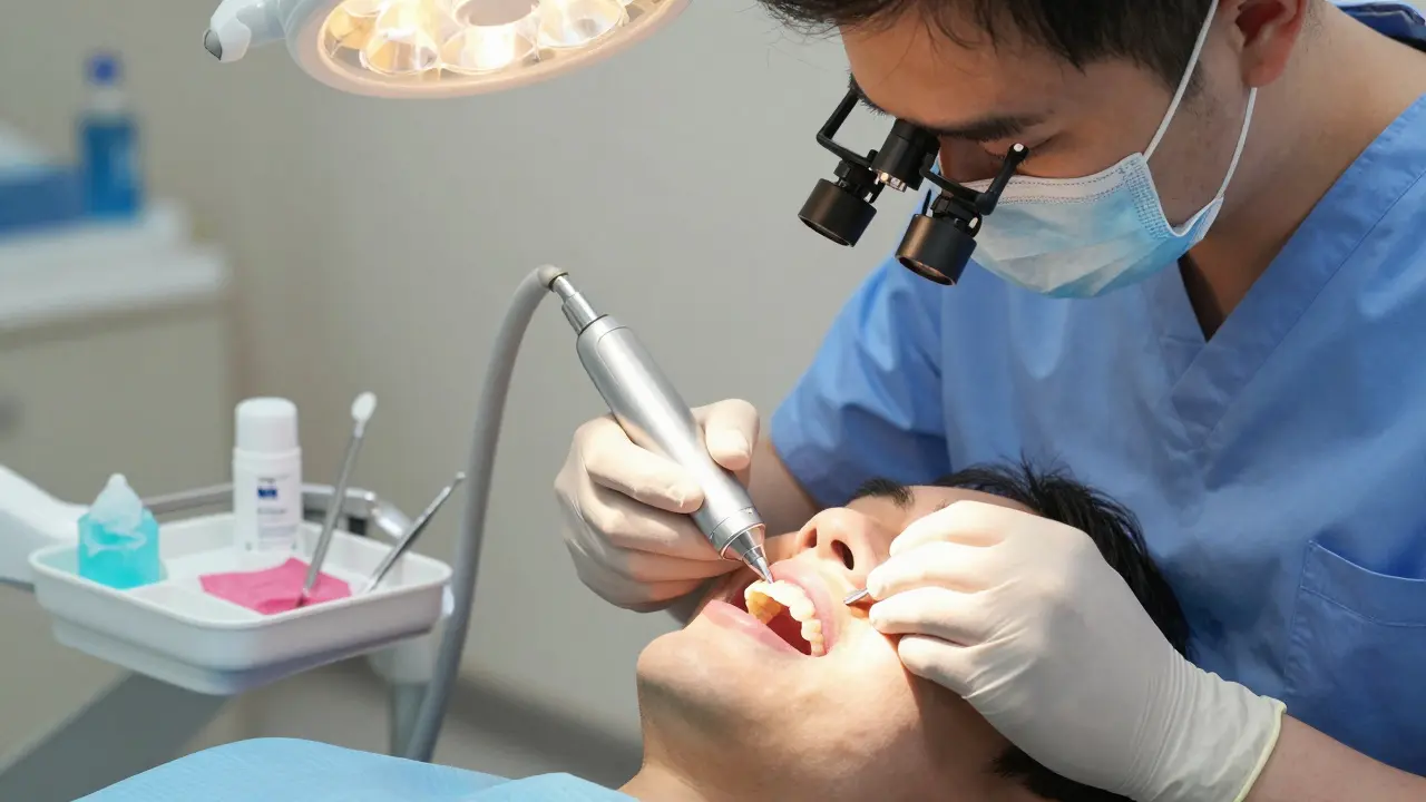Zubař provádí jemné profesionální čištění zubních fazet.
