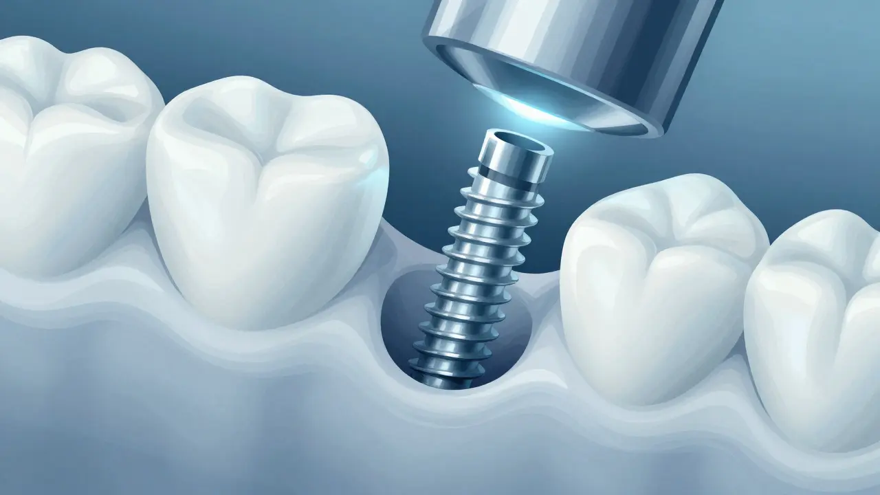 Zubní implantát v kořeni čelisti, kde kost postupně integruje titanový kolík.