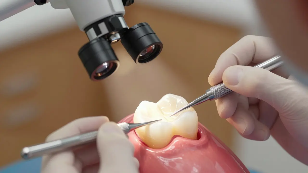 Zubní lékař přesně opravuje zlomený zub kompozitní výplní pod mikroskopem.