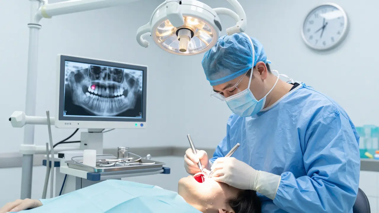 Zubní lékař provádí nouzovou léčbu kanálku, na monitoru je RTG zubu.