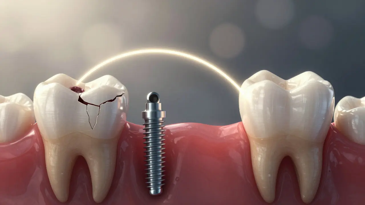 A broken tooth transforming into a dental implant with zirconia crown.