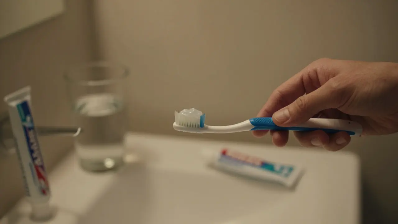 Adult applying Elmex gel to teeth at night without rinsing, in a dim bathroom.